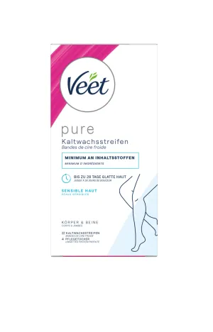Veet PURE Kaltwachsstreifen Beine & Körper, sensible Haut, 22 Stück