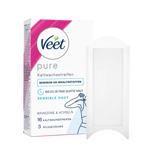 Veet PURE Kaltwachstreifen Bikini & Achseln, sensible Haut, 16 Stück