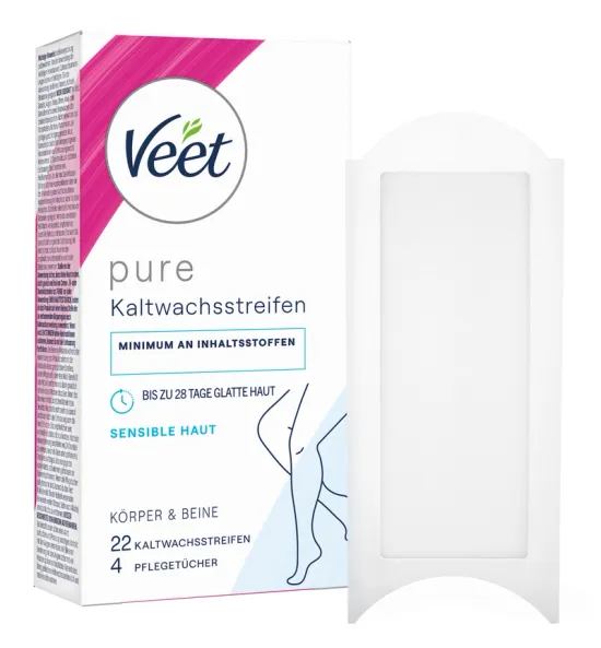 Veet PURE Kaltwachsstreifen Beine & Körper, sensible Haut, 22 Stück