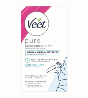 Veet PURE Kaltwachstreifen Bikini & Achseln, sensible Haut, 16 Stück