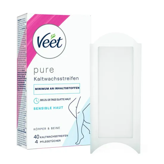 Veet PURE Kaltwachsstreifen Beine & Körper, sensible Haut, 40 Stück