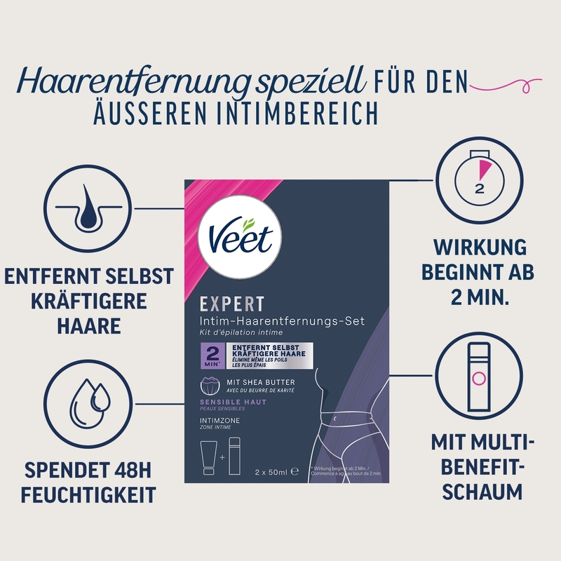 Veet EXPERT Intim-Haarentfernungs-Set, Intim-Haarentfernungscreme + Multi-Benefit Schaum, 100ml 9